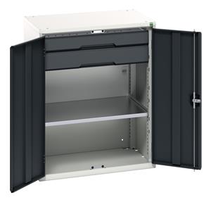 Verso kitted cupboard with 1 shelf, 2 drawers. WxDxH: 800x550x1000mm. RAL 7035/5010 or selected Bott Verso Basic Tool Cupboards Cupboard with shelves